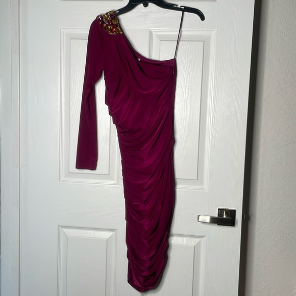 Cache Dresses & Skirts - Cache Jeweled One-Shoulder Long Sleeve Mini Dress